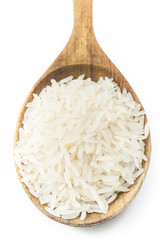 rice and a wooden spoon on a white background.