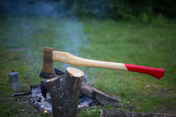 Camping in the woods on the banks of the river.