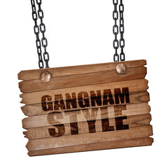 gangnam style, 3D rendering, wooden board on a grunge chain