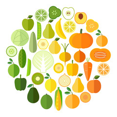 Fruits and vegetables vector icons collection. Flat modern style.