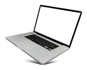 Hovering aluminium laptop with blank screen and popular design