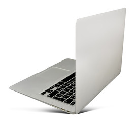 Thin hovering aluminium laptop, rear view,  isolated on a white