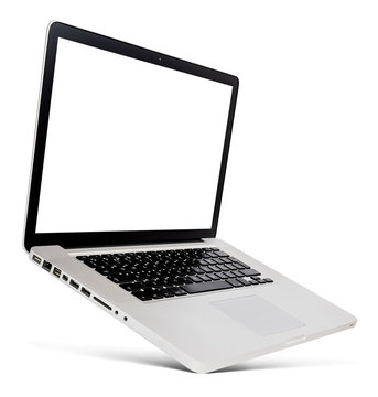 Flying aluminium laptop with blank screen, isolated on a white