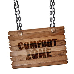 comfort zone, 3D rendering, wooden board on a grunge chain