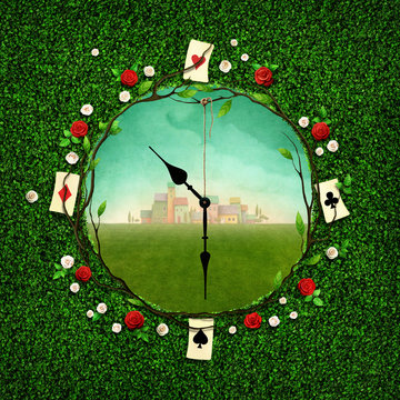 Green illustration with  hole in the form of clock