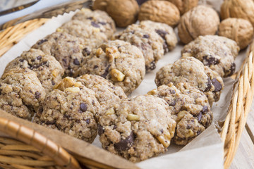 homemade chocolate walnut cookies with ingredients and kitchen u