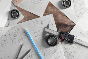 Set of engineering drawings with tools, top view