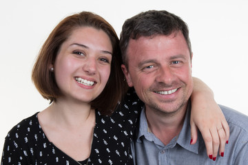 Close up of dad with adult daughter, isolated on white