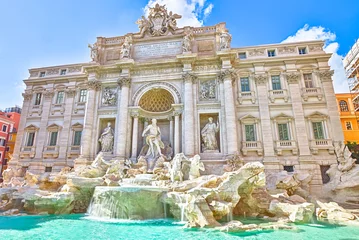 Tafelkleed Spectaculaire Trevifontein, ontworpen door Nicola Salvi baroktijdperk, op een zonnige dag, een van de beroemdste fonteinen ter wereld, hoofdstad van Rome, Lazio, Italië. © bennymarty