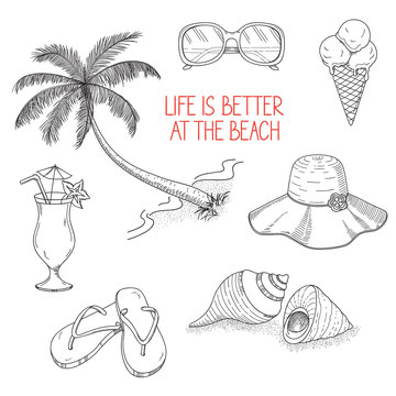 Set of icons and design elements for summer holidays and beach rest in hand drawn style