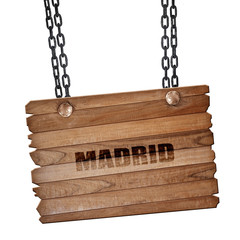 madrid, 3D rendering, wooden board on a grunge chain