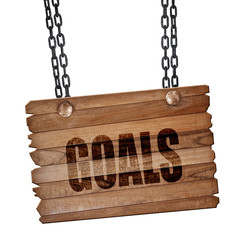 goals, 3D rendering, wooden board on a grunge chain