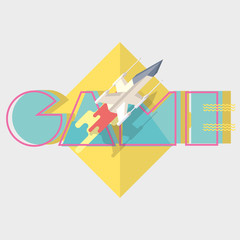 Game. Typographics modern illustration with starship in battle 