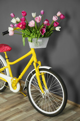 Fototapeta na wymiar Beautiful tulips in basket of bicycle on grey wall background