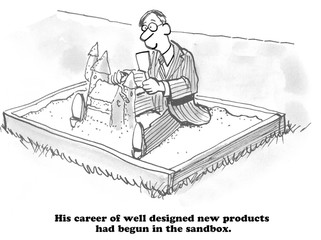 Business cartoon about an innovation career that began in the sandbox.