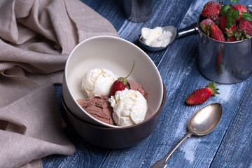 Vanilla and chocolate Ice cream in the shape of a ball, with fresh berries. 