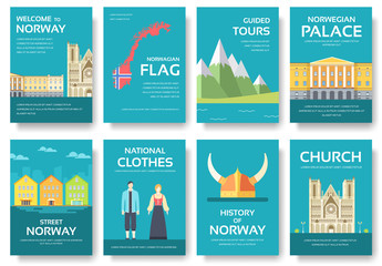 Country Norway travel vacation guide of goods, places and features. Set of architecture, fashion, people, items, nature background concept.  