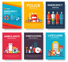 Firefighter, rafting, police, medicine rescue cards template set. Flat design icon of flyear, magazines, posters, book cover, banner. Emergency services layout concept pages with typography