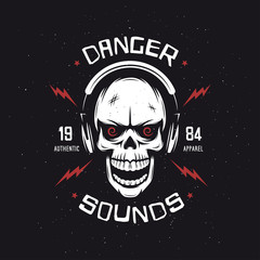 Vintage rock music related t-shirt graphics. Danger sounds. Authentic apparel. Vector illustration.