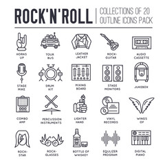 ROCK N ROLL circle outline icons collection set.  Music equipment linear symbol pack. Modern template of thin line icons, logo, symbols, pictogram and flat 