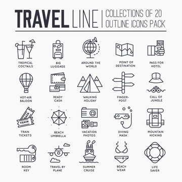 Travel infographic icons items design. Vacation rest with any elements set. Tour, trip, journey outline illustrations vector background. Tourist image on thin line style