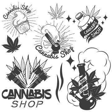 Vector set of medical marijuana labels in vintage style. Cannabis emblems, badges and logos for shop design. Weed leafs, bong