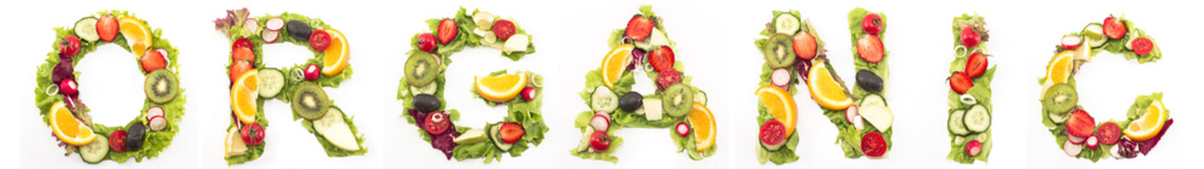 Word organic made of salad and fruits