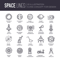  Vector thin lines icons stars in galaxy design concept. Set of huge space infographic universe illustration. Outer space rocket flying up into the solar system with a lot of planets 