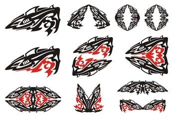 Shark set in tribal style. Abstract shark tattoo icons, shark frames and other shark symbols. Black and red on the white