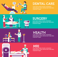 Banners set of clinic dental, surgery, health care and medical examination doctor collection concept. Vector business medicine flat icons in retro style background 