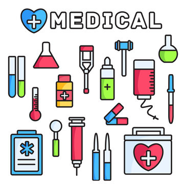 thin lines style medical equipment set icons concept background. vector illustration design