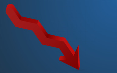 3D red arrow pointing down representing loss. 3D red arrow with shadow pointing down with blue gradient background and barely visible grid. Infographics element in shape of red arrow.