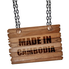 Made in cambodia, 3D rendering, wooden board on a grunge chain