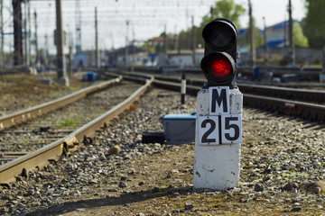 Railway semaphore against the background tracks and locomotive