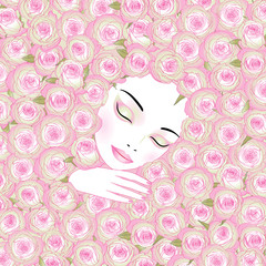 face sleeping woman in pink roses