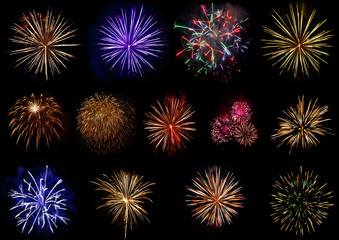 Set of colorful fireworks isolated on black background.