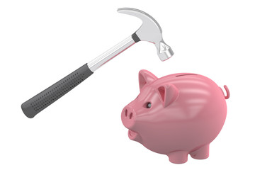 Piggybank and hammer, 3D rendering