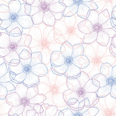 Floral seamless pattern flower anemone in color pantone 2016, anemone background, flower seamless pattern for greeting card, holiday, wedding, birthday, textile, wallpaper, wrapping, vector flower