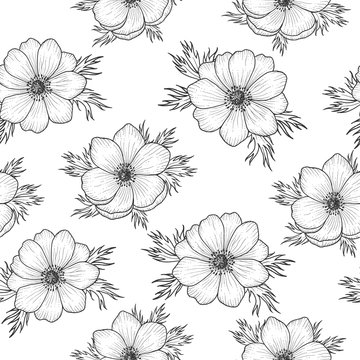 Seamless pattern black and white anemone, vintage pattern of monochrome wind flower, vector design for card, mothers day, wedding, birthday, textile, web, wallpaper, wrapping, print