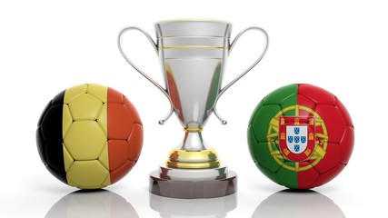 3d rendering of a Golden Silver trophy and soccer balls