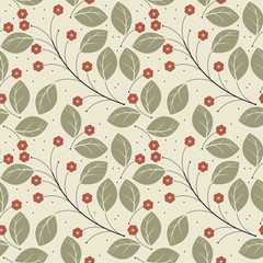 Retro seamless pattern with green leaves and red flowers