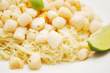 Close-Up of Buttery Garlic Scallops With Angel Hair Pasta