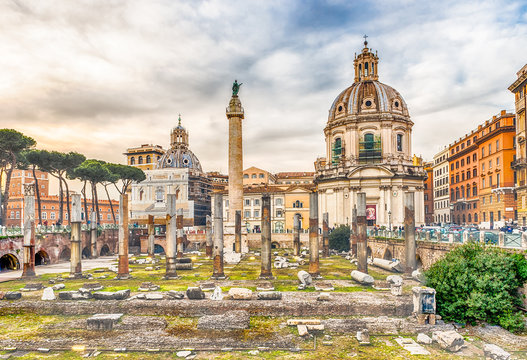 Scenic ruins of the Trajan's Forum and Column in Rome