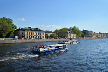 Naklejka premium River Fontanka and pleasure boat white
