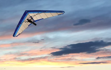 Photo sur Plexiglas Sports aériens Hanglider - Hanglider survolant l& 39 océan au coucher du soleil