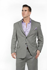 Caucasian Athletic Male in Fitted Gray Suit