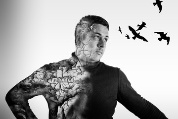 Double Exposure Male Portrait and Crows