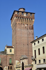 Fototapeta premium Porta Castello Tower, an imposing medieval tower over Vicenza main gate, the last surviving part of an ancient castle