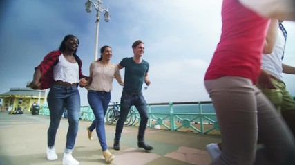  Happy mixed ethnicity group of friends are excited to be at the seaside