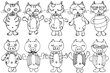 キャラクター　ねことぶた　挿絵イラスト